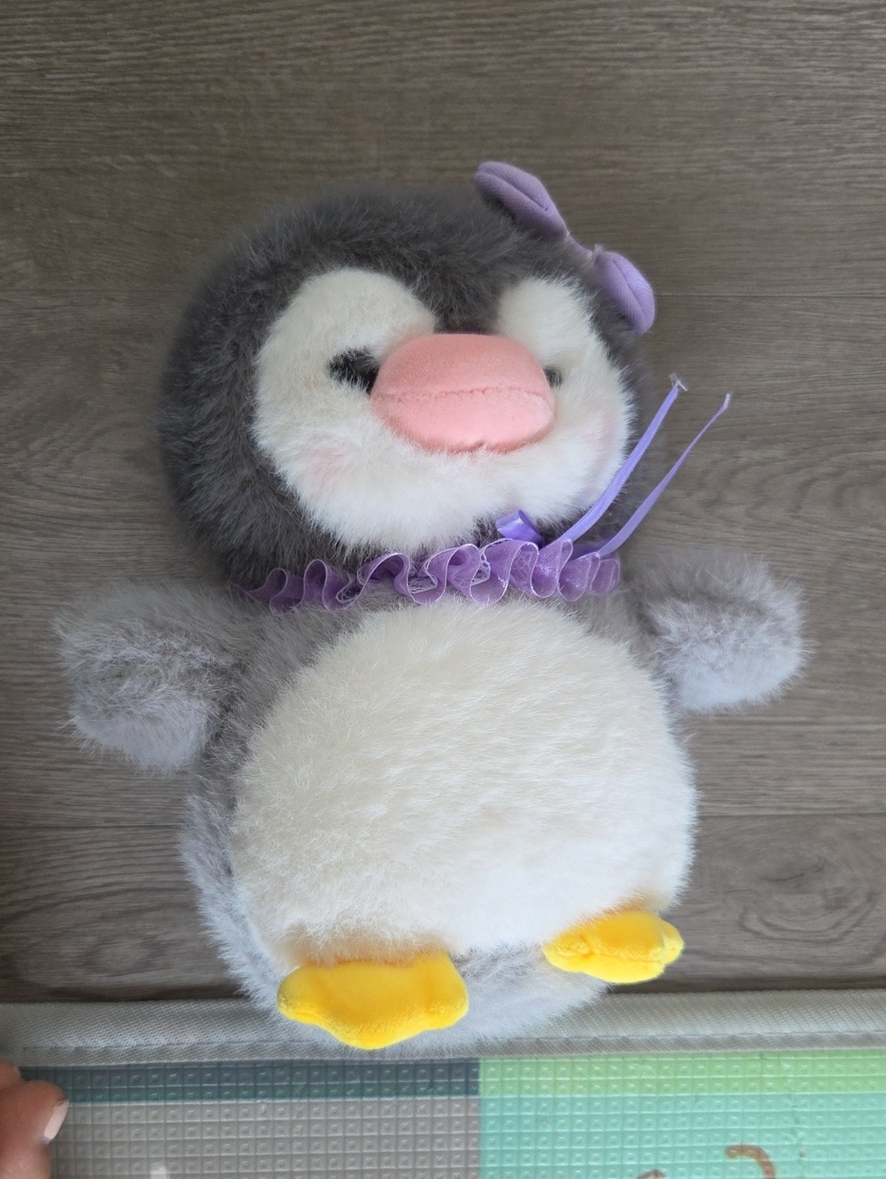 Plush Gray and White Penguin Bird Toy with Purple Bow
